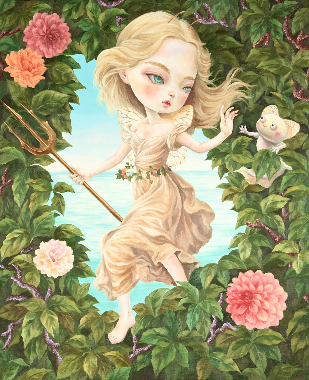 Narrative oil painting depicting Nareis holding a red ribbon beside a white horse in a dreamlike landscape.