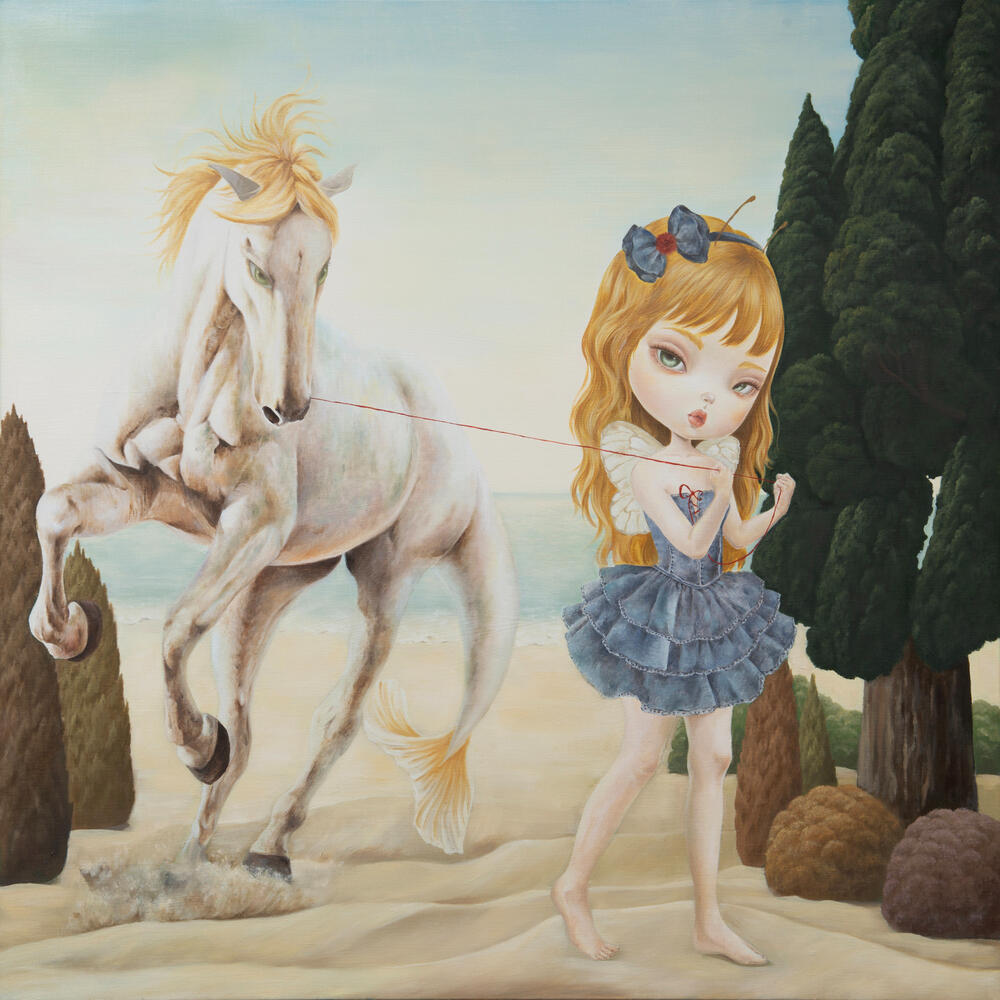 Narrative oil painting depicting Nareis holding a red ribbon beside a white horse in a dreamlike landscape.